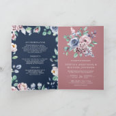 Staubrosa Floral Navyblau QR-Code Hochzeit Einladung (Innenseite)