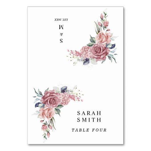 Staubrosa florale Hochzeitsplatzkarten Tischnummer (Vorderseite)