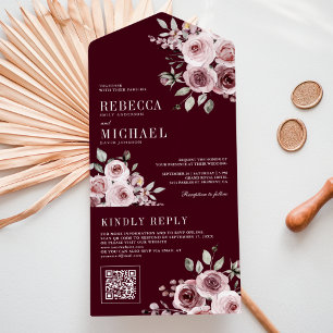 Staubrosa Florales Burgunderrot QR Code Hochzeit All In One Einladung