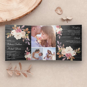 Staubrosa Pink und Elfenbein Blumen Scheunen Holz  Dreifach Gefaltete Einladung