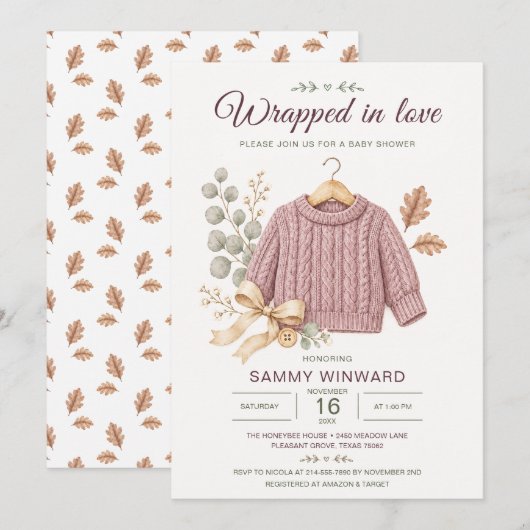 Staubrosa Pullover Herbst-Baby-Party Einladung (Vorne/Hinten)