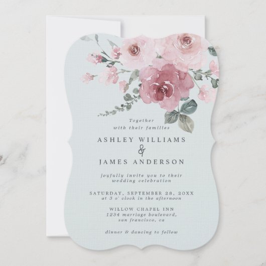 Staubrosa Rose Hellblaue Hochzeit Einladung (Vorderseite)