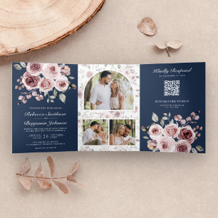 Staubrosa Rosen Marineblaue QR-Code-Hochzeit Dreifach Gefaltete Einladung