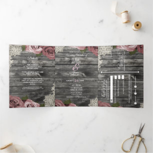 Staubrosa Rosen & Spitze Rustikale Graue Holz Hoch Dreifach Gefaltete Einladung