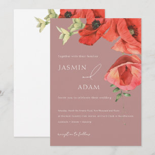 Staubrosa rote Mohn-Blumen-Hochzeit Einladung