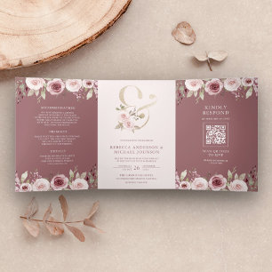 Staubrosa Rouge Florales Et-Zeichen QR-Code Hochze Dreifach Gefaltete Einladung