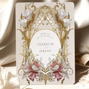 Staubrosa und goldene florale Hochzeitseinladung Einladung
