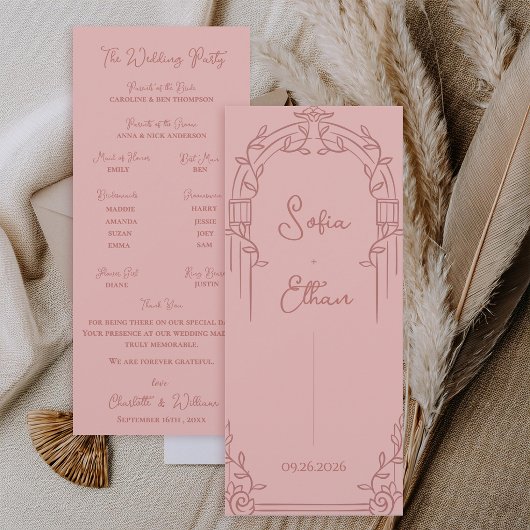Staubrosa verziertes botanisches Hochzeitsprogramm Einladung