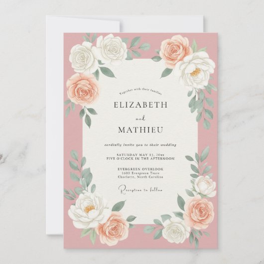 Staubrosafarbene Rosenhochzeit Einladung (Vorderseite)