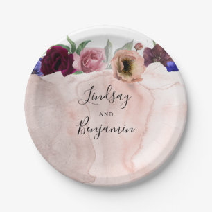 Staubrose Blau und Burgunderrot Florale Hochzeit Pappteller