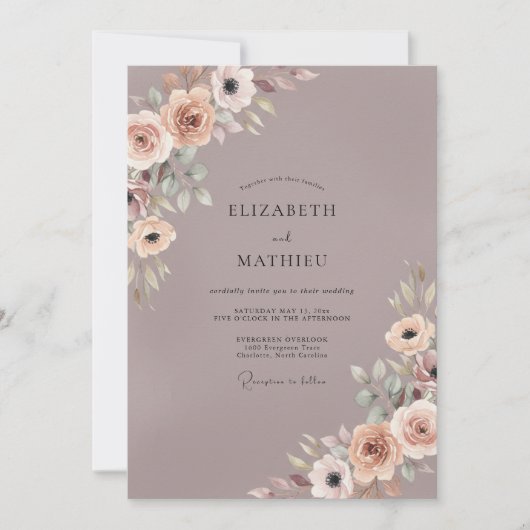 Staubviolette Anemonen-Hochzeit Einladung (Vorderseite)