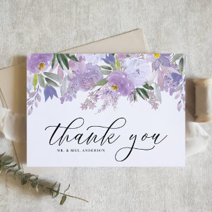 Staubviolette Aquarell-Blumen-Girlande Hochzeit Dankeskarte