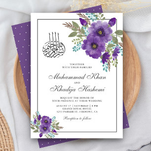 Staubviolette Aquarell-Blumen islamische Hochzeit Einladung