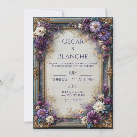Staubviolette Blumige Hochzeit Einladung (Vorderseite)