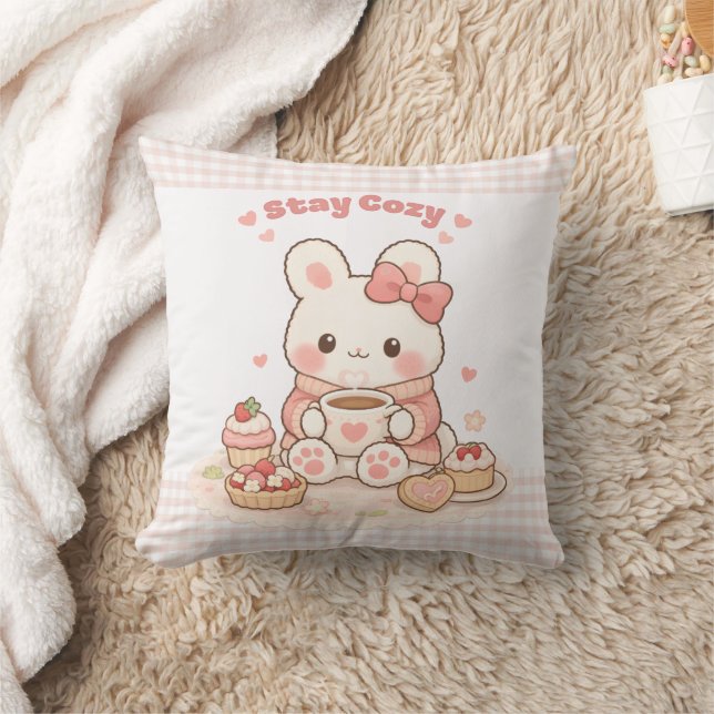 Stay Cozy Cute Bunny Pink Gingham Sweet Home  Kissen (Decke)