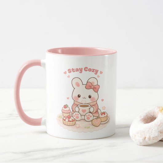 Stay Cozy Cute Bunny Rabbit Sweet Pink Tasse (Mit Donut)