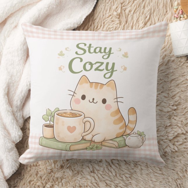 Stay Cozy Cute Kitty Cat Pink Gingham Sweet Home  Kissen (Decke)