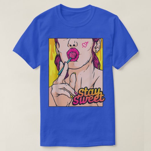 Stay Sweet Pop Art Women Eating Lollipop Candy Com T-Shirt (Design vorne)