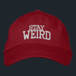 STAY WEIRD funny sports hat | Custom color caps Bestickte Kappe<br><div class="desc">STAY WEIRD sports hat | Custom color caps. Add your own funny quote, slogan, personalized name or monogram letters. Red and white or other colors. Cute retirement or Birthday gift idea for coach, player, team, trainer, dad, mom, brother, grandpa, son, father, mother, children etc. Suitable for men women and kids...</div>