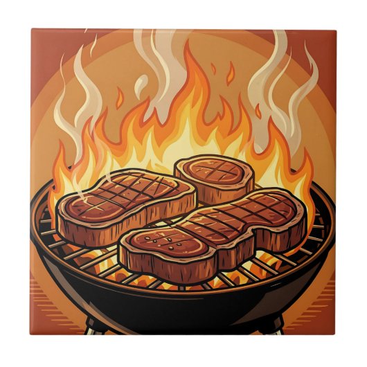 Steaks Grillen BBQ Flammen Fliese (Vorderseite)