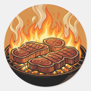 Steaks Grillen BBQ Flammen Runder Aufkleber