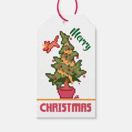 stealing cat, tree, Pixel Art, Merry Christmas  Geschenkanhänger (Vorderseite)