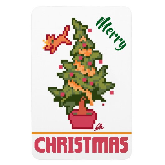 stealing cat, tree, Pixel Art, Merry Christmas  Magnet (Vertikal)