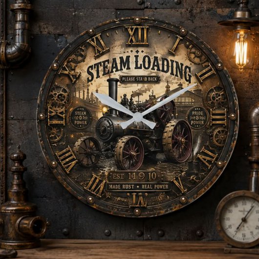 Steam Engine Vintage Steampunk Tractor Große Wanduhr