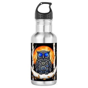 Steam Punk Blauäugige Eule und Vollmond Edelstahlflasche