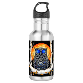 Steam Punk Blue Mit Augen Owl und Vollmond Edelstahlflasche