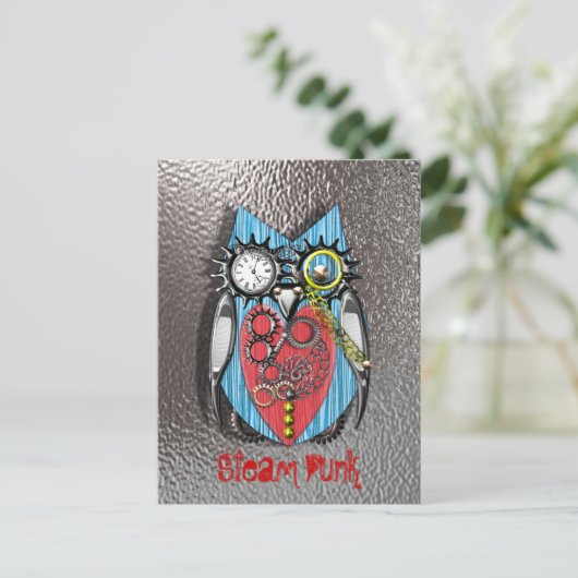 Steam Punk Funny Mechanical Owl Red Blue Postkarte (Stehend Vorderseite)