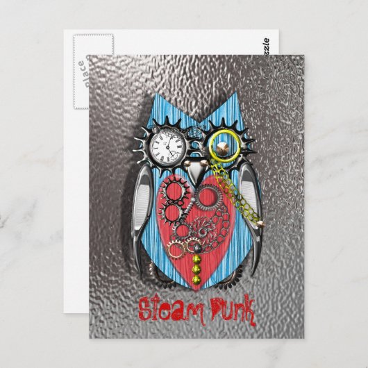 Steam Punk Funny Mechanical Owl Red Blue Postkarte (Vorne/Hinten)