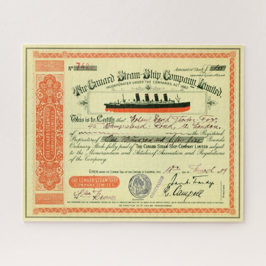 Steam-Ship Company 1909 Stock Certificate Puzzle (Horizontal)