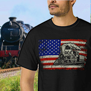 Steam Train Motor Railway on USA American Flag T-Shirt