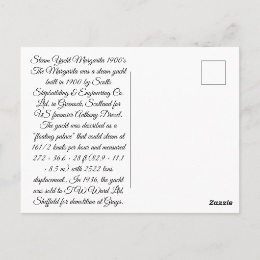 Steam Yacht Margarita 1900er Postkarte (Rückseite)
