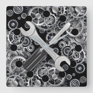 Steampton Silver Gears & Tools Square Wall Clock Quadratische Wanduhr