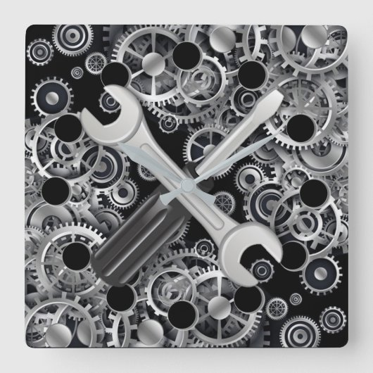 Steampton Silver Gears & Tools Square Wall Clock Quadratische Wanduhr (Vorderseite)