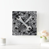 Steampton Silver Gears & Tools Square Wall Clock Quadratische Wanduhr (Zuhause)