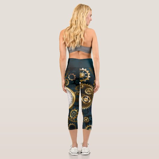 Steampun türkis Hintergrund mit Gears Capri Leggings (Rückseite)