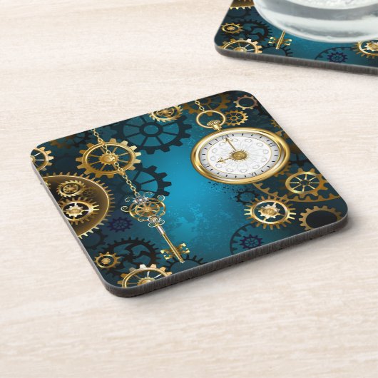 Steampun türkis Hintergrund mit Gears Getränkeuntersetzer (Linke Seite)