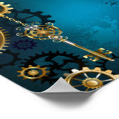 Steampun türkis Hintergrund mit Gears Poster (Ecke)