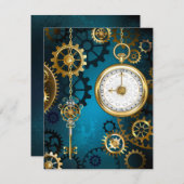 Steampun türkis Hintergrund mit Gears RSVP Karte (Vorne/Hinten)