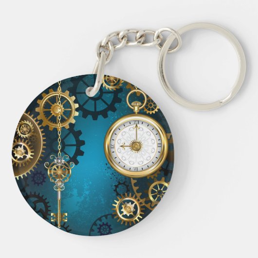 Steampun türkis Hintergrund mit Gears Schlüsselanhänger (Rückseite)