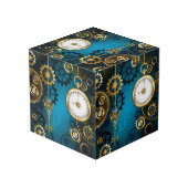 Steampun türkis Hintergrund mit Gears Würfel (Rückseite Schrägansicht)