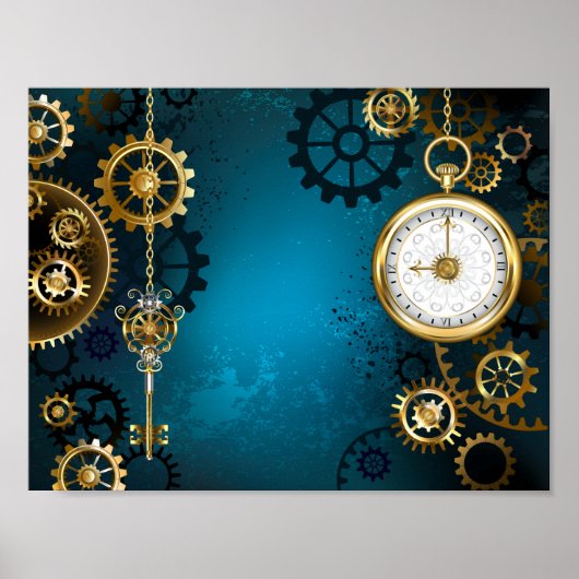 Steampun turquoise Background with Gears Poster (Vorne)