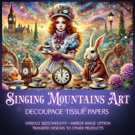 Steampunk Alice and White Rabbit Teatime Decoupage Seidenpapier