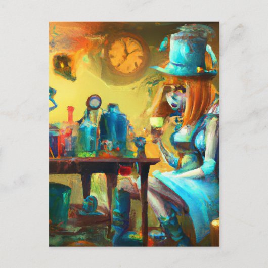 Steampunk-Alice erstellt Tränke in einem Alchemy-L Postkarte (Vorderseite)