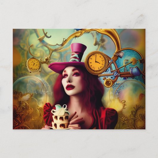 Steampunk Alice Hatter Behalte Zeit Postkarte (Vorderseite)
