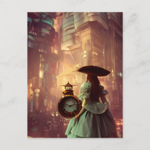 Steampunk Alice in der Stadt des Retrofuturismus Postkarte