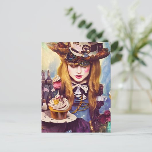 Steampunk Alice mit Cupcakes Postkarte (Stehend Vorderseite)